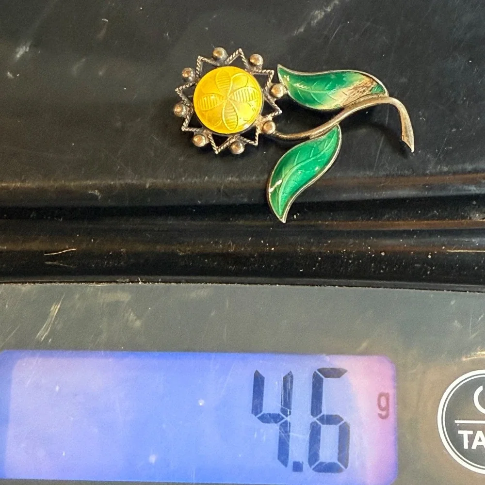 Vintage Sterling Silver Enamel Flower‎ Brooch Sunflower Spring Signed ANA